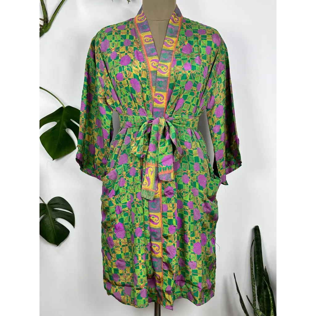 Recycle Silk Kimono House Robe - Green with Roses