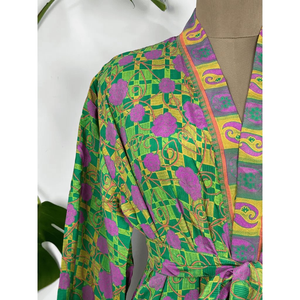Recycle Silk Kimono House Robe - Green with Roses - The Boho Depot