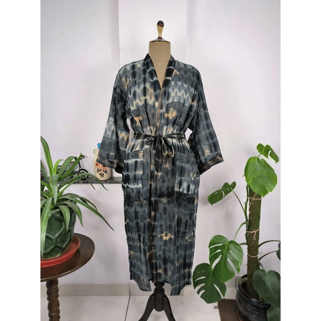 Vintage Recycled Pure Cotton Kimono Open Jacket Boho Tie Dye - Black - The Boho Depot