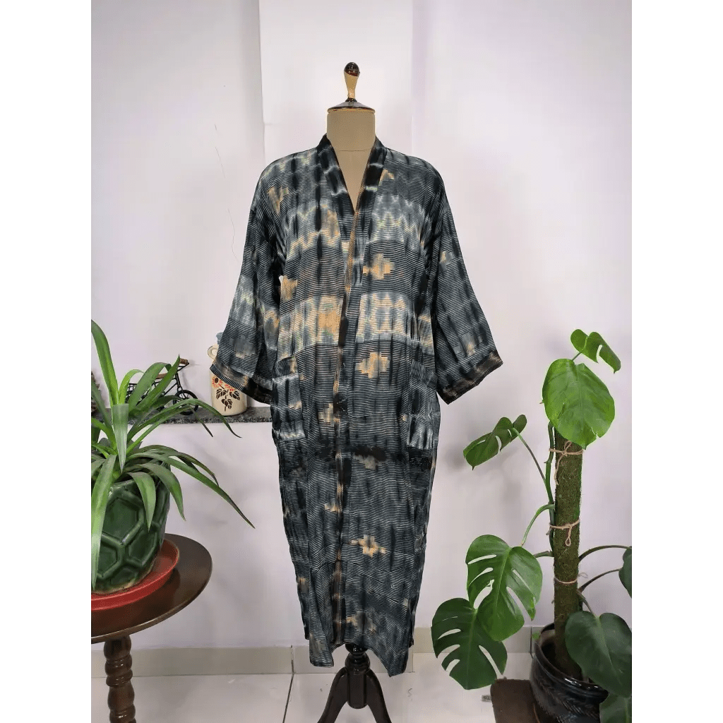 Vintage Recycled Pure Cotton Kimono Open Jacket Boho Tie Dye - Black - The Boho Depot