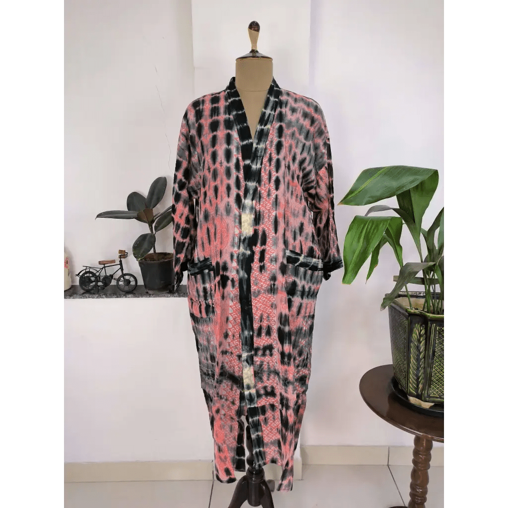 Vintage Recycled Pure Cotton Kimono Open Jacket Boho Tie Dye - Pink and Black - The Boho Depot
