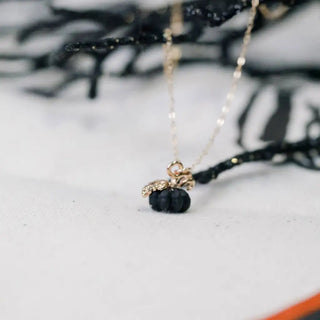 Dainty Pumpkin Charm Necklace 14kt Gold Filled - Black