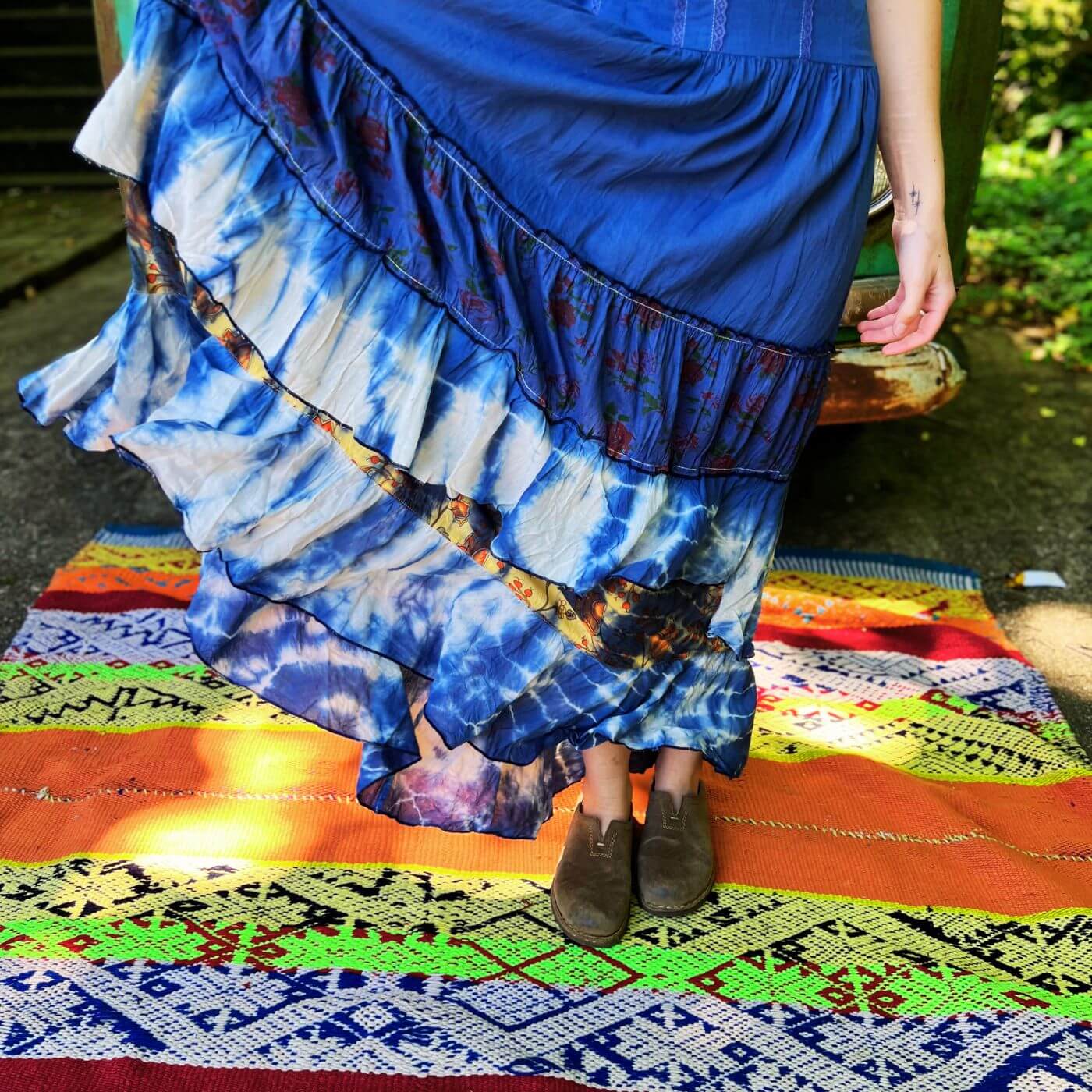 Indie boho tie dye maxi dress for festivals and concerts