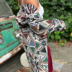 Boho trench coat unisex style layered over dress outfit