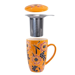 The Yellow Flower Design Tea Mugs with Lid and Infuser with the infuser being shown on a white background.