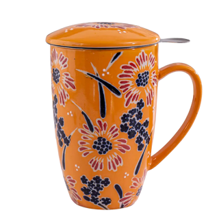 The Yellow Flower Design Tea Mugs with Lid and Infuser on a white background.