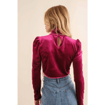 Velvet Stretch Mock Neck Puff Shoulder Crop Top