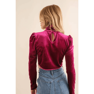 Velvet Stretch Mock Neck Puff Shoulder Crop Top