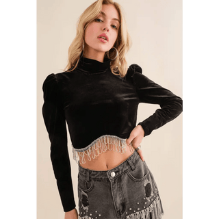 Velvet Stretch Mock Neck Puff Shoulder Crop Top - Small