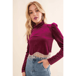 Velvet Stretch Mock Neck Puff Shoulder Crop Top - Small