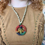Colorful hippie peace necklace with braided hemp cord