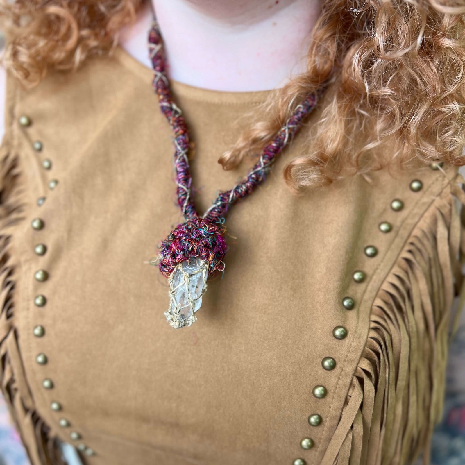 Adjustable recycled silk crystal necklace handmade in boho mushroom design