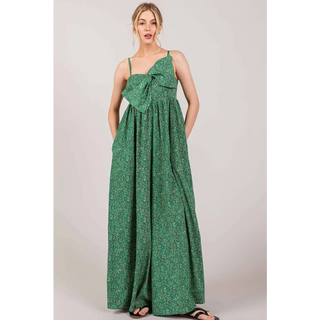 Wide Leg Bow Jumpsuit - Medium / Forest Green