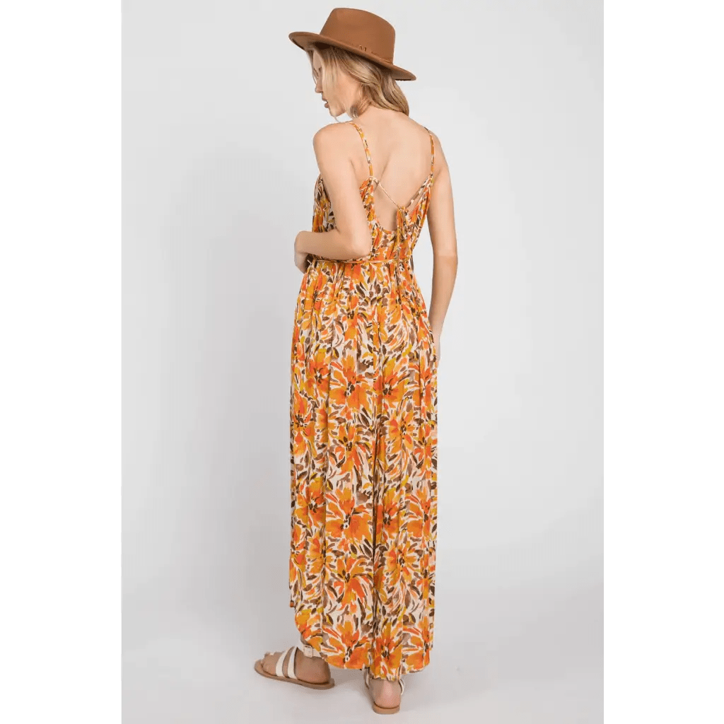 Wide Leg Orange Floral Jumpsuit - The Boho Depot
