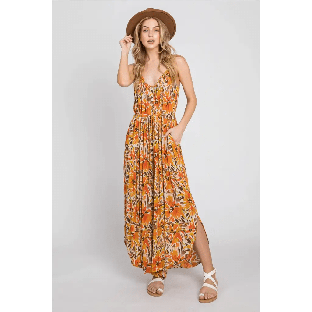 Wide Leg Orange Floral Jumpsuit - The Boho Depot