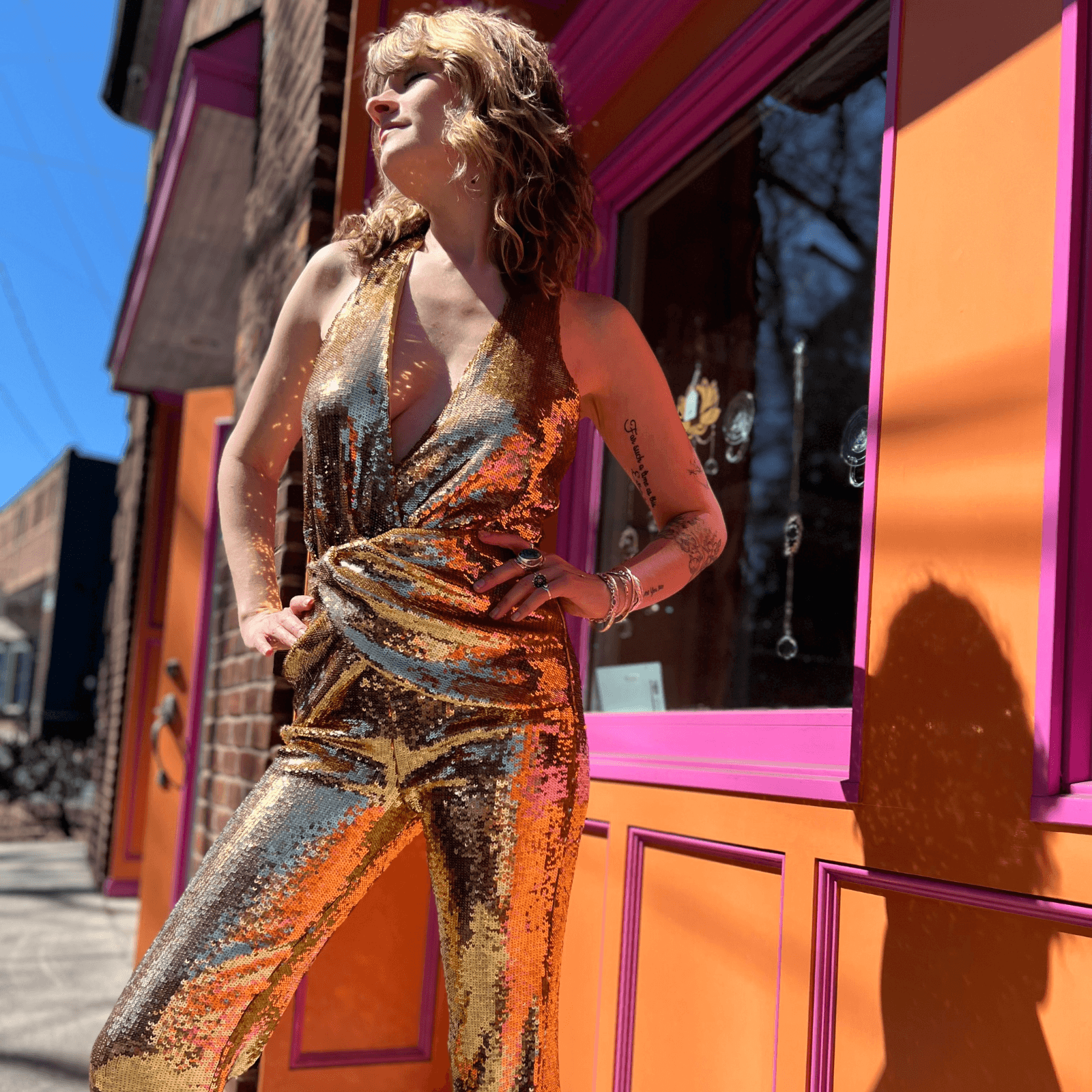 Sequin jumpsuit styled for New Years Eve outfit