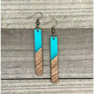 Wood + Resin Bohemian Earrings - Long - Aquamarine