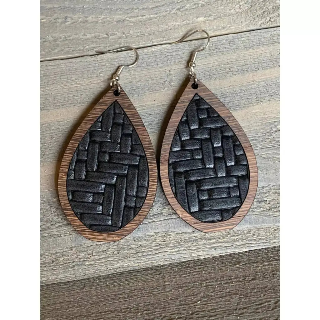 Wood Teardrop Earrings with Black Basket Weave Leather