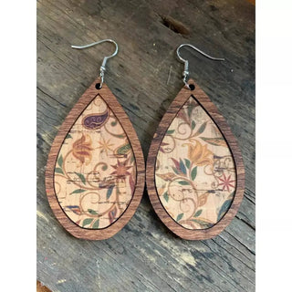 Wood Teardrop Earrings with Neutral Floral Cork - Earrings