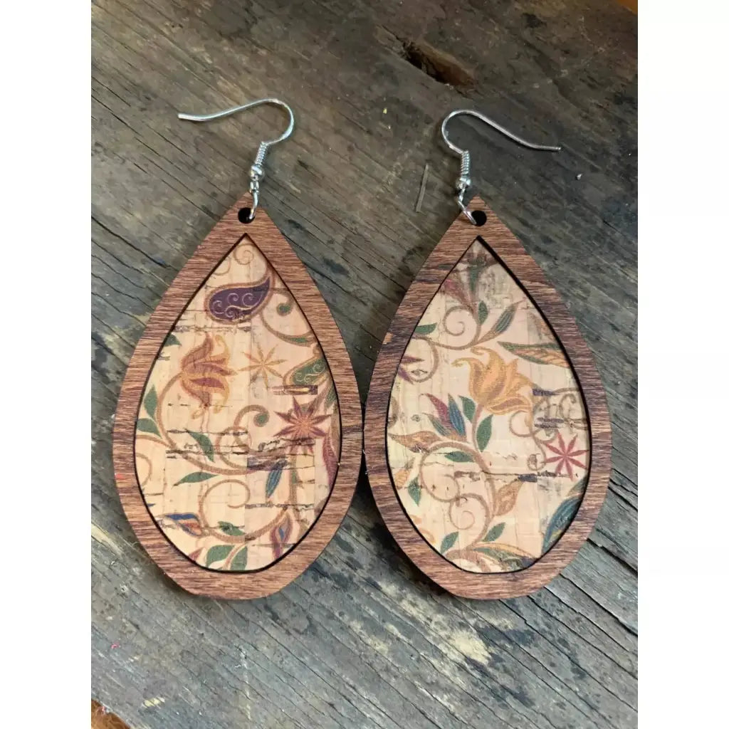 Wood Teardrop Earrings with Neutral Floral Cork