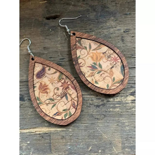 Wood Teardrop Earrings with Neutral Floral Cork - Earrings