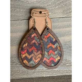 Wood Teardrop Earrings with Rainbow Chevron Cork - Earrings