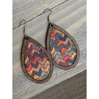 Wood Teardrop Earrings with Rainbow Chevron Cork - Earrings