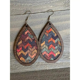 Wood Teardrop Earrings with Rainbow Chevron Cork - Earrings