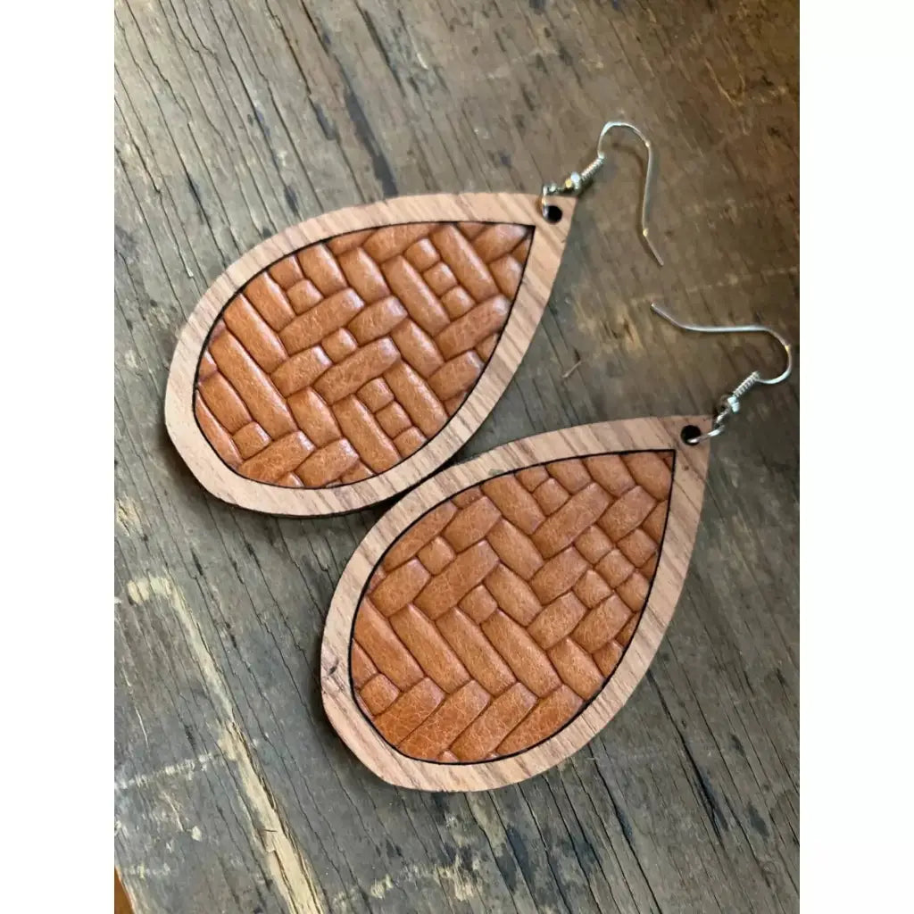 Wood Teardrop Earrings with Saddle Brown Weave Leather