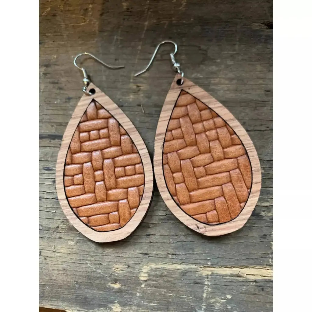 Wood Teardrop Earrings with Saddle Brown Weave Leather