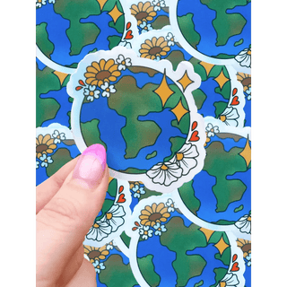 World and flowers holographic waterproof sticker