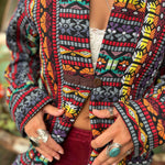 Front view of unisex long hippie boho jacket festival trench coat