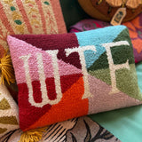 WTF needlepoint pillow with bold embroidered lettering and colorful statement design