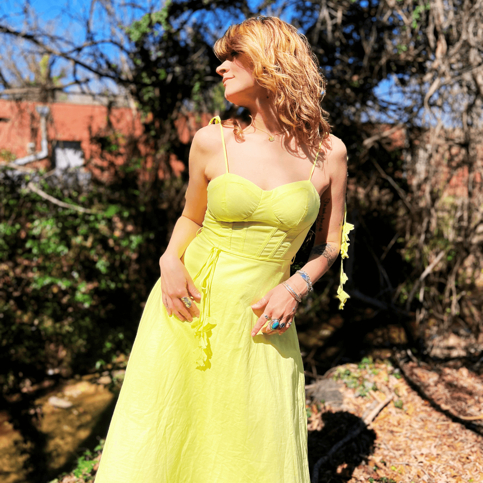 Yellow summer dress with adjustable tie shoulder straps