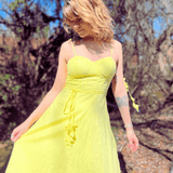 Yellow midi dress for summer front view with corset bodice